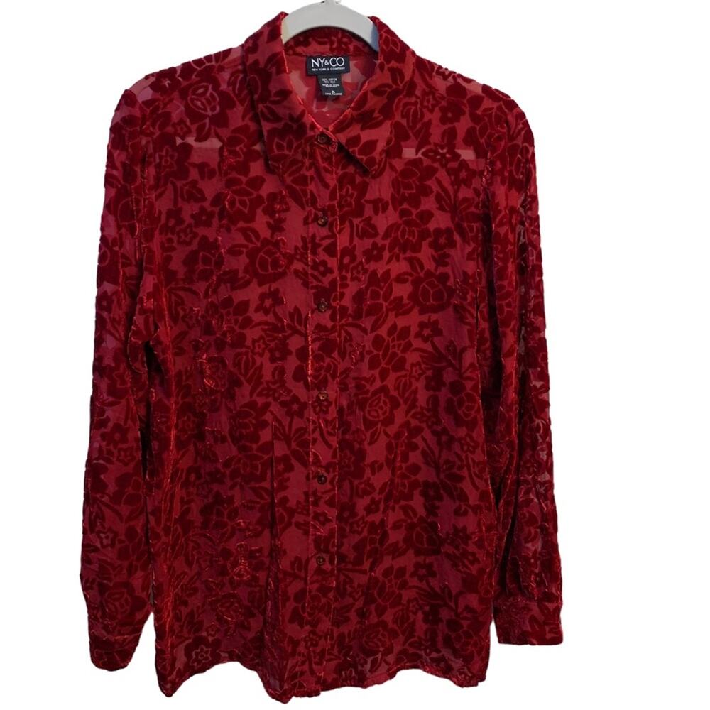 Vintage NY & CO. Red Floral Long Sleeve Silk Blend Sheer Blouse Size Medium
